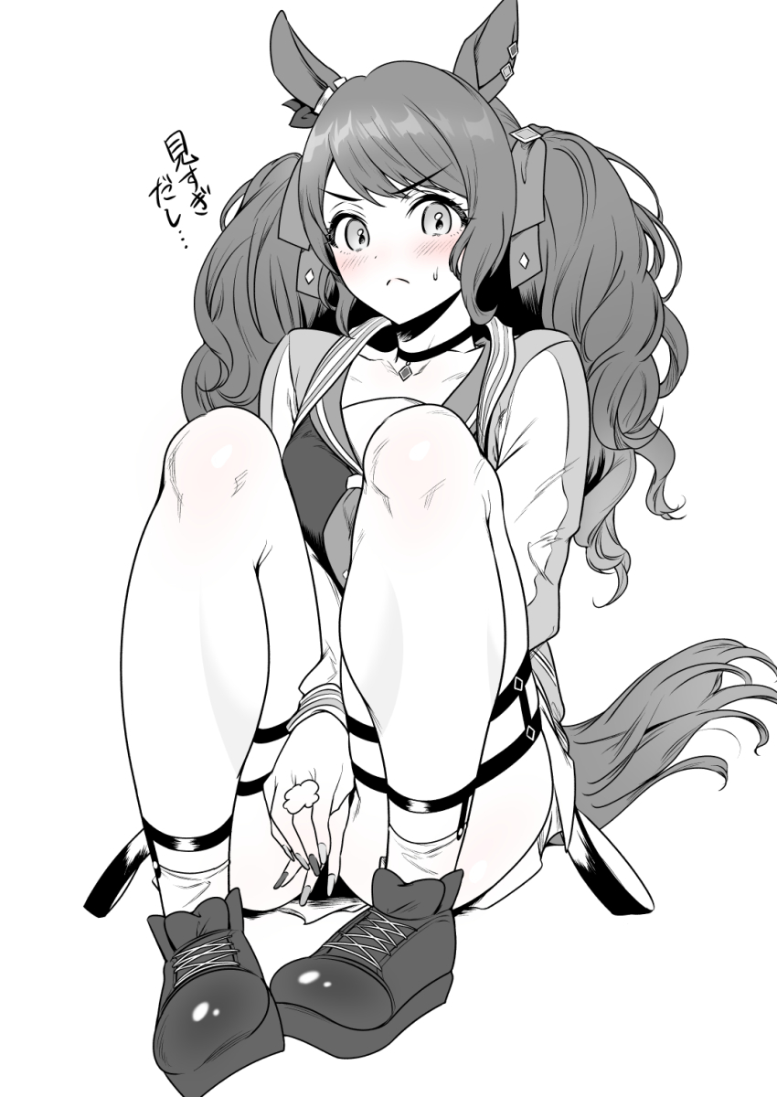 :<, animal_ears, blush, breasts, covering_privates, covering_crotch, fingernails, hair_ornament, highres, horse_ears, horse_girl, horse_tail, legs, long_hair, looking_at_viewer, medium_breasts, monochrome, shimen_soka, shoes, simple_background, tail, tosen_jordan_(umamusume), twintails, umamusume, white_background