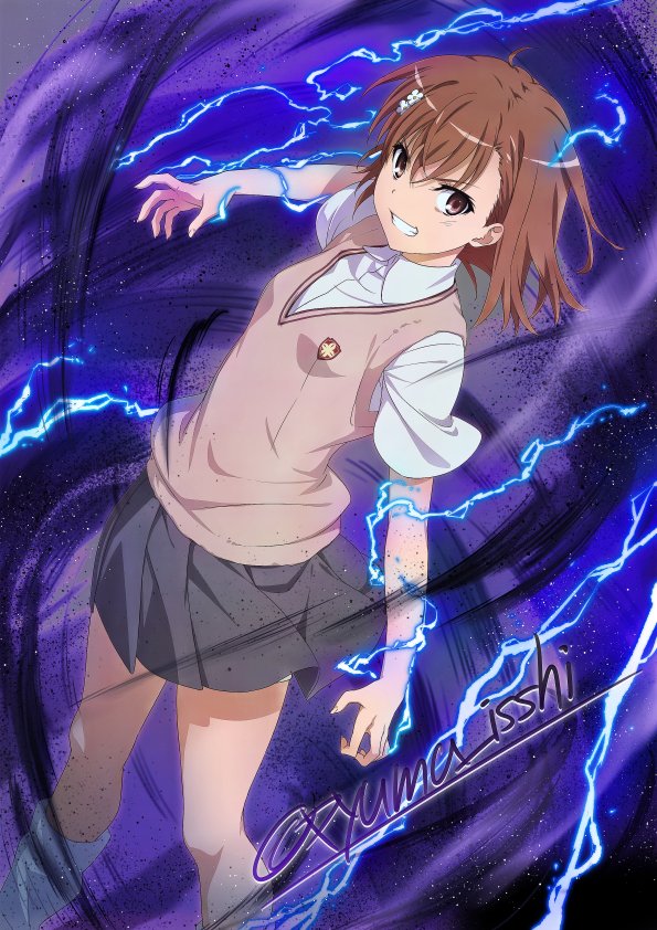 1girl, bad_id, bad_twitter_id, brown_eyes, brown_hair, commentary_request, dutch_angle, electricity, electrokinesis, isshi_pyuma, looking_at_viewer, loose_socks, magnetism, metal, metal_sand, misaka_mikoto, photoshop_(medium), pleated_skirt, psychic, school_uniform, shirt, short_hair, skirt, smile, socks, solo, sweater_vest, toaru_kagaku_no_railgun, toaru_majutsu_no_index, tokiwadai_school_uniform, twitter_username, v-neck