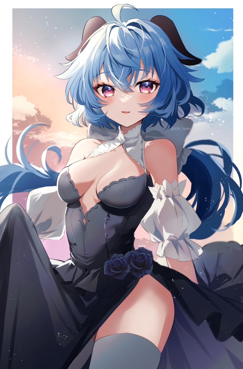 1girl, :d, absurdres, ahoge, alternate_costume, bad_id, bad_twitter_id, bare_shoulders