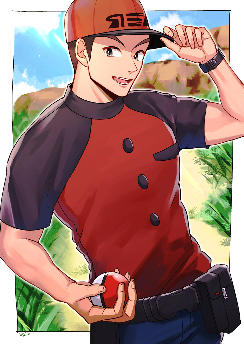 1boy, :d, baseball_cap, border, brown_hair, buttons, cloud, commentary_request