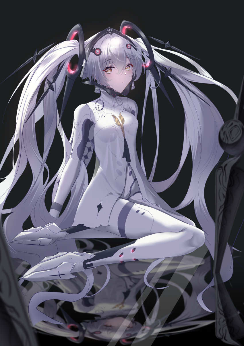 1girl, absurdres, bodysuit, bracelet, cross-shaped_pupils, floating, floating_headgear, floating_object