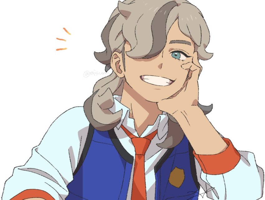 1boy, arven_(pokemon), blue_vest, brown_hair, collared_shirt, commentary_request, eyelashes, green_eyes, grin, hair_over_one_eye, hand_up, head_rest, long_hair, male_focus, necktie, nintendo, notice_lines, open_clothes, open_vest, orange_necktie, pokemon, pokemon_scarlet_and_violet, sankaku, shirt, simple_background, smile, solo, teeth, twitter_username, vest, watermark, white_background