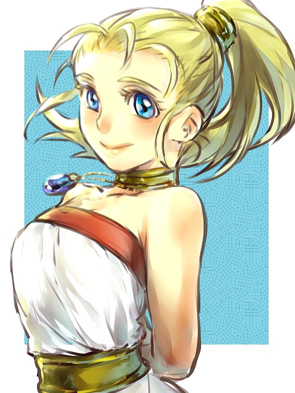 1girl, bare_shoulders, blonde_hair, blue_eyes, breasts, choker, chrono_trigger, closed_mouth
