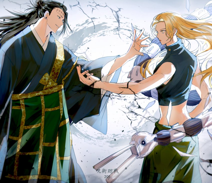 1boy, 1girl, absurdres, black_hair, blonde_hair, forehead, garuda_(jujutsu_kaisen), geto_suguru