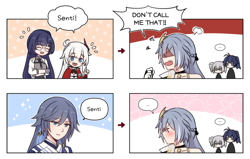 ..., 4koma, 6+girls, angry, black_necktie, blue_eyes, blush, breasts