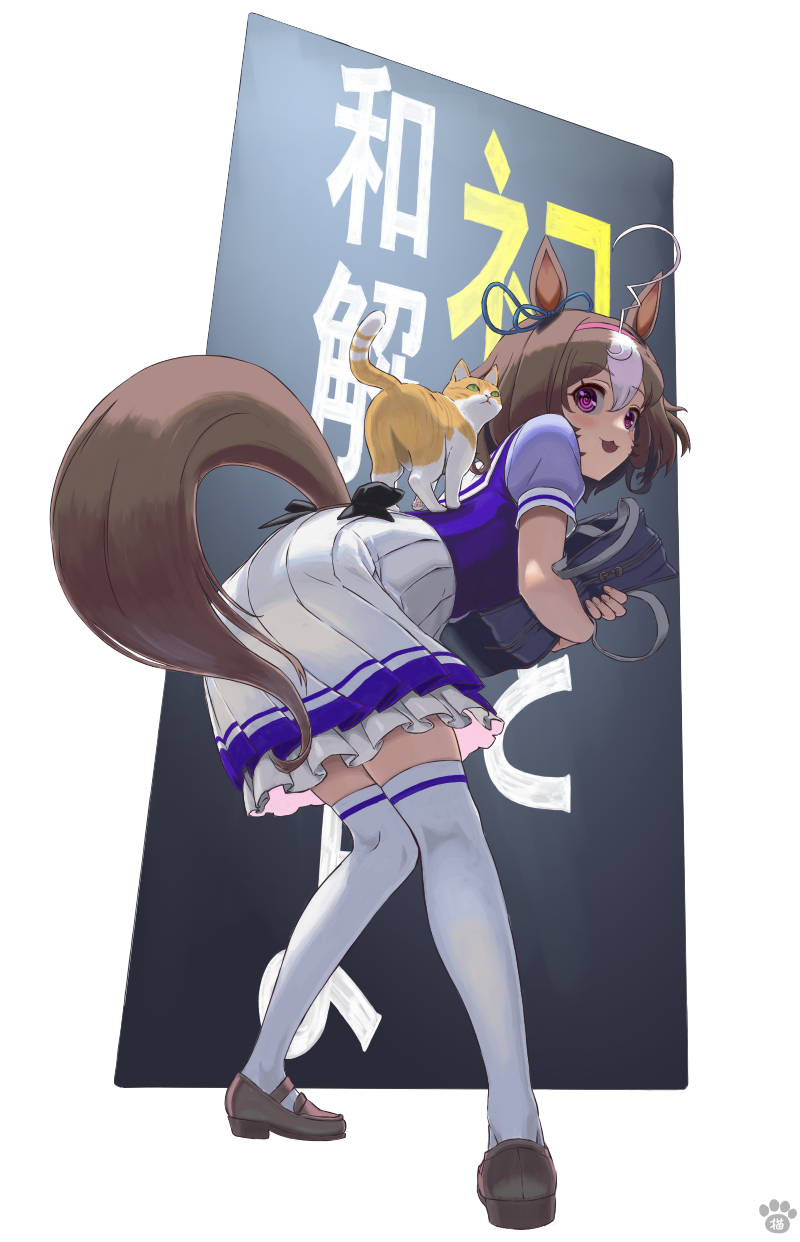 1girl, :3, ahoge, animal, animal_ears, animal_on_back, bag, brown_hair
