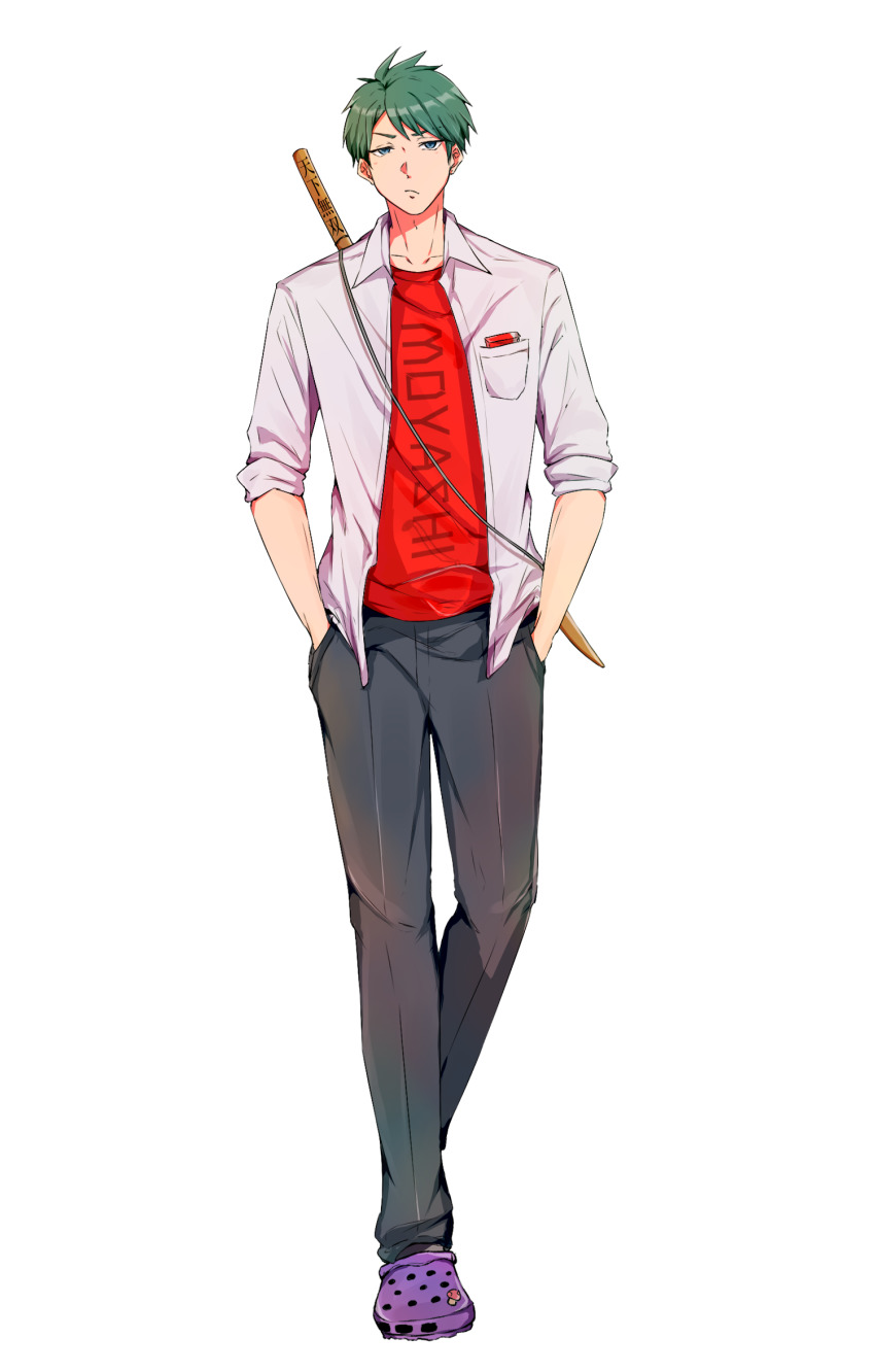 1boy, black_pants, crocs, full_body, green_eyes, green_hair, hands_in_pockets, highres