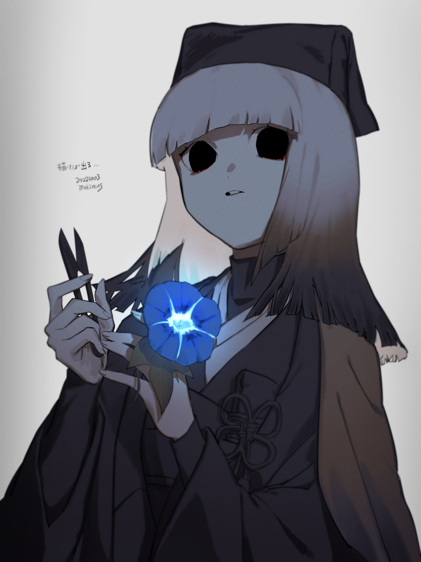 1girl, absurdres, black_eyes, black_hair, black_headwear, black_kimono, black_shirt, blunt_bangs