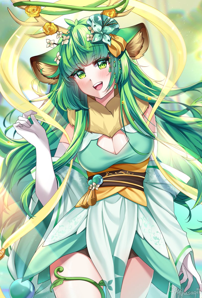 1girl, :d, animal_ear_fluff, animal_ears, antlers, black_shorts, blush, breasts