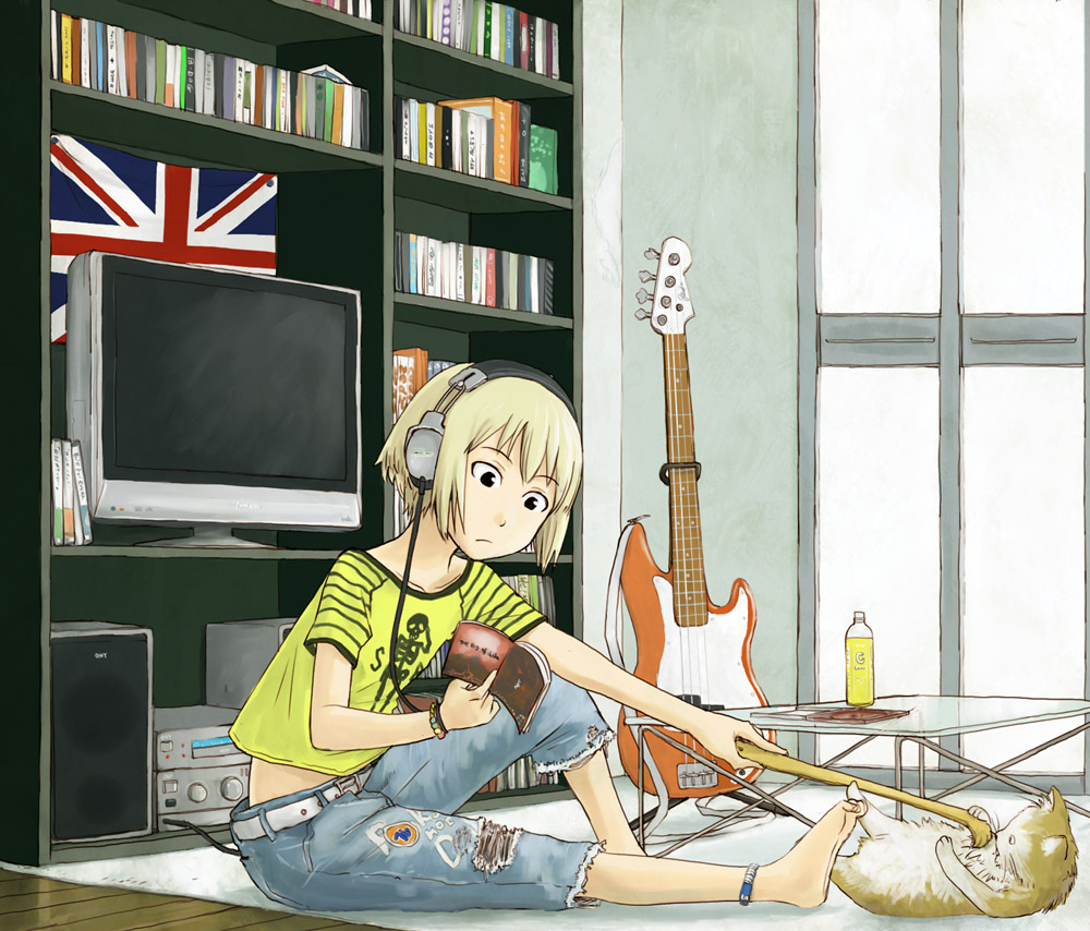 1girl, animal, anklet, barefoot, bass_guitar, black_eyes, blonde_hair, book