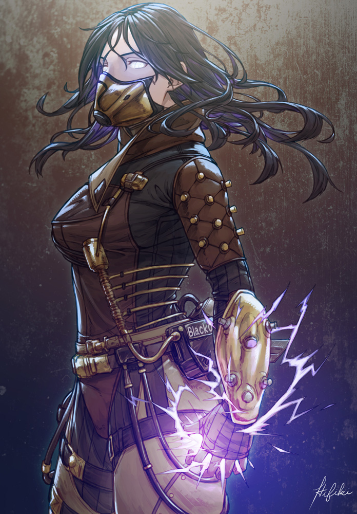 1girl, airship_assassin_wraith, animification, apex_legends, black_hair, bodysuit, breasts, brown_bodysuit