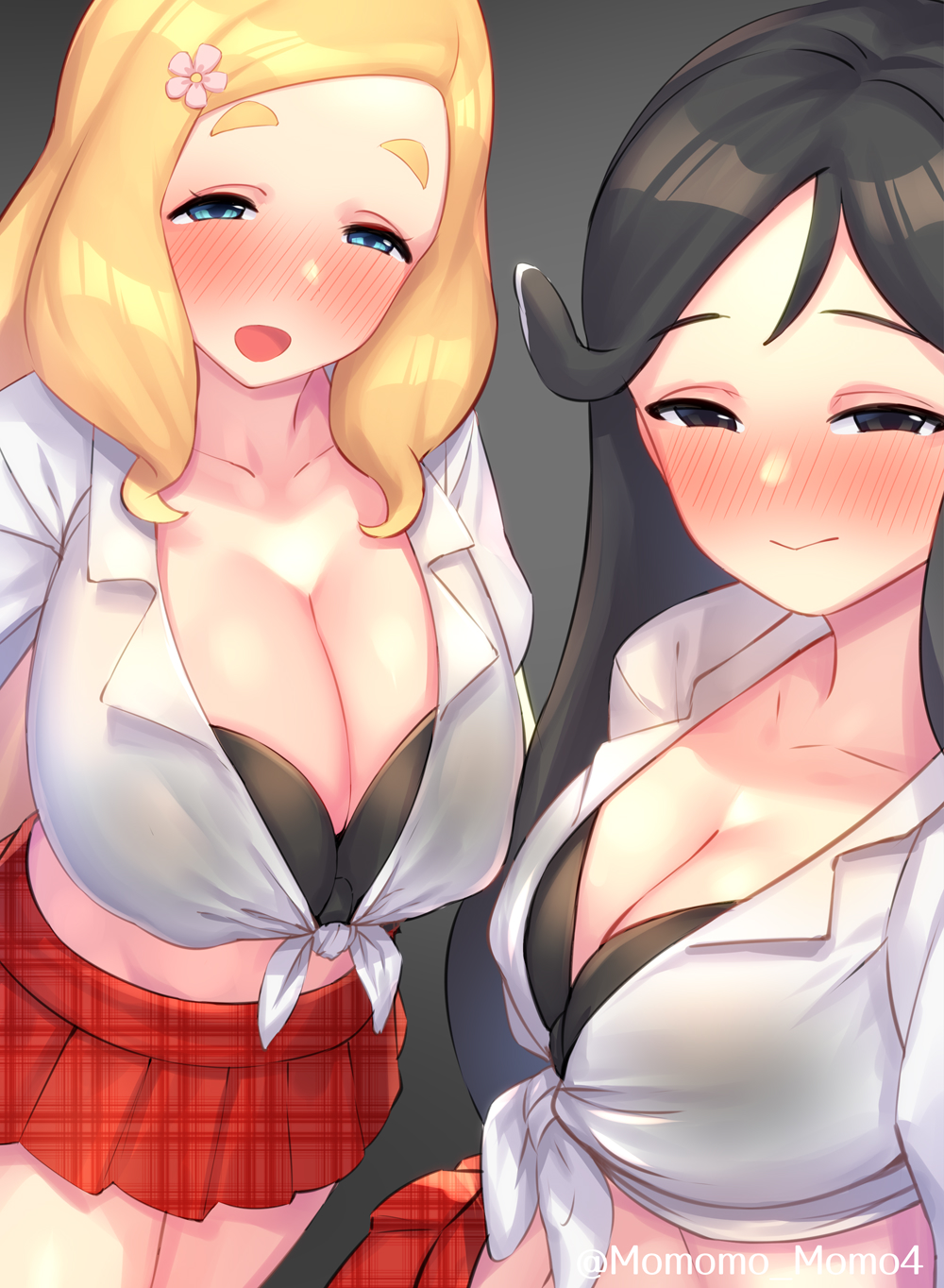 2girls, amamo_nemo, black_eyes, black_hair, blonde_hair, blue_eyes, blush, breasts