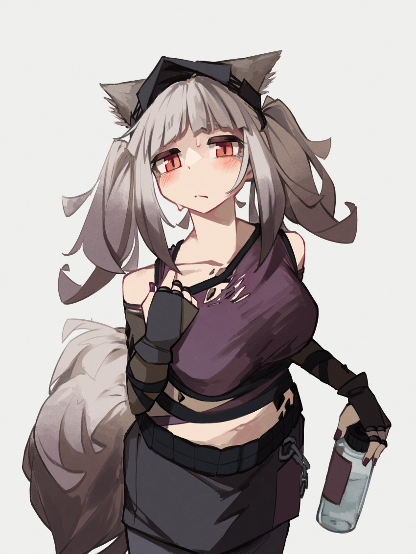 1girl, absurdres, animal_ear_fluff, animal_ears, arknights, bare_shoulders, black_gloves, black_skirt