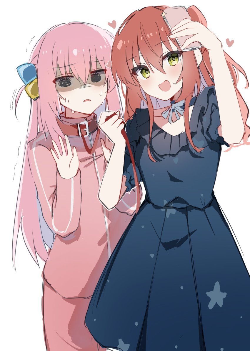 2girls, :d, absurdres, asymmetrical_bangs, blue_eyes, blush, bocchi_the_rock!, bow, buckle, cellphone, choker, collar, collarbone, commentary_request, cube, cube_hair_ornament, dress, empty_eyes, frilled_dress, frills, gloom_(expression), gotoh_hitori, hair_between_eyes, hair_ornament, heart, highres, jacket, kita_ikuyo, multiple_girls, open_mouth, pants, phone, pink_hair, ponytail, red_hair, restrained, sb_(akagikeai), selfie, side_ponytail, simple_background, smartphone, smile, strap, sweat, sweatdrop, track_jacket, trembling, white_background, yellow_eyes, yuri