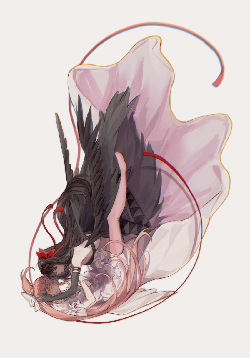 2girls, absurdres, akemi_homura, akuma_homura, between_legs, black_dress, black_gloves, black_hair