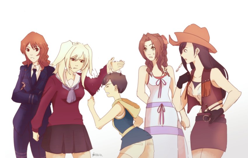 5girls, absurdres, aerith_gainsborough, aged_down, before_crisis:_final_fantasy_vii, black_hair, black_necktie, black_skirt