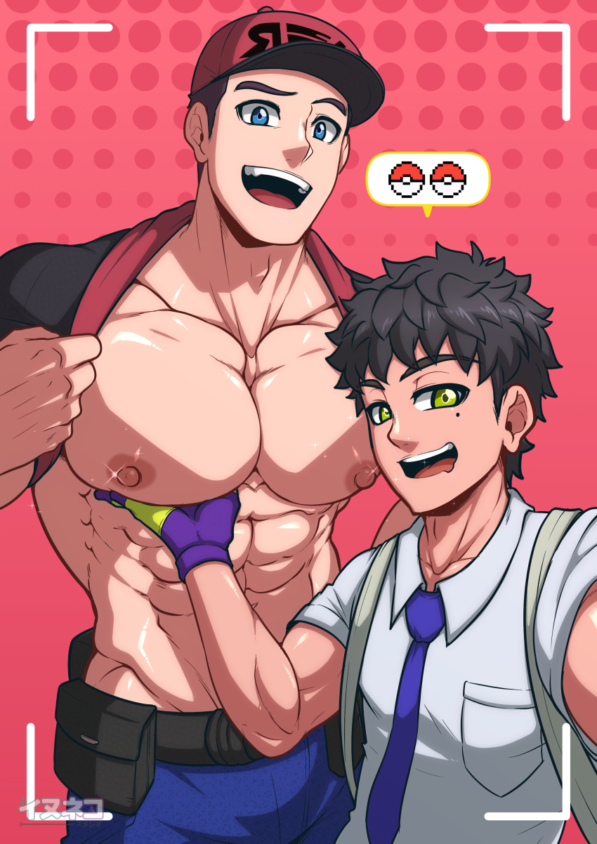 2boys, abs, absurdres, bara, bare_pectorals, baseball_cap, black_hair, black_shirt, blue_eyes, blue_pants, clothes_lift, courier_(pokemon), florian_(pokemon), gloves, green_eyes, hat, highres, inunekostudio, large_pectorals, male_focus, mole, mole_under_eye, multiple_boys, muscular, muscular_male, necktie, nintendo, nipples, open_mouth, pants, pectoral_grab, pectorals, poke_ball, pokemon, pokemon_scarlet_and_violet, purple_gloves, shirt, shirt_behind_neck, shirt_lift, short_hair, smile, white_shirt