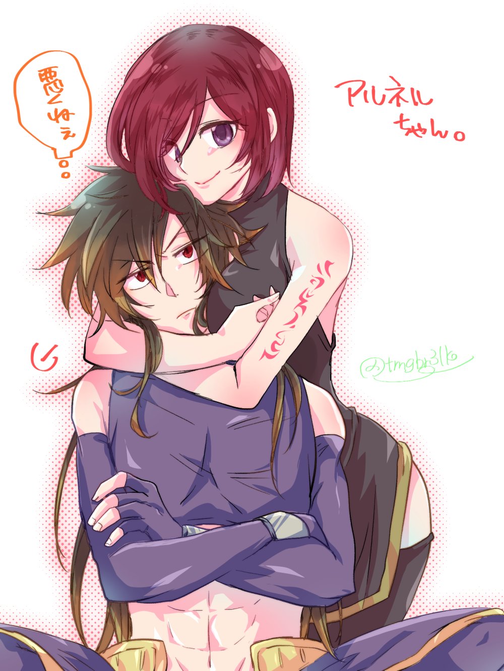 1boy, 1girl, albel_nox, black_thighhighs, blonde_hair, breasts, brown_hair, closed_mouth, fingerless_gloves, gloves, highres, looking_at_viewer, medium_breasts, midriff, multicolored_hair, nagiyu_(pixiv478307), nel_zelpher, purple_eyes, red_eyes, red_hair, short_hair, smile, star_ocean, star_ocean:_till_the_end_of_time, tattoo, thighhighs