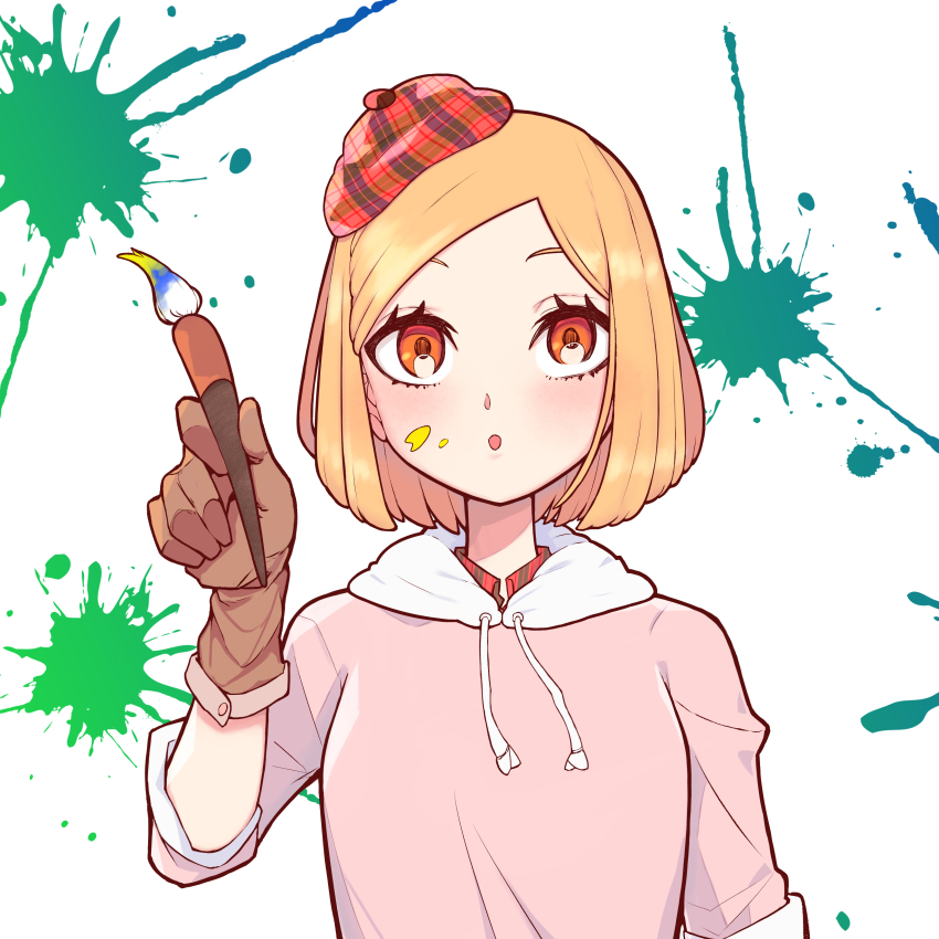 1girl, absurdres, alternate_costume, arutemawp87, blonde_hair, brown_gloves, fate/grand_order, fate_(series), gloves, highres, jacket, missing_headwear, orange_eyes, paint, paint_splatter, paintbrush, paul_bunyan_(fate), paul_bunyan_(second_ascension)_(fate), pink_jacket, plaid_clothes, plaid_shirt, shirt, short_hair, simple_background, solo, white_background