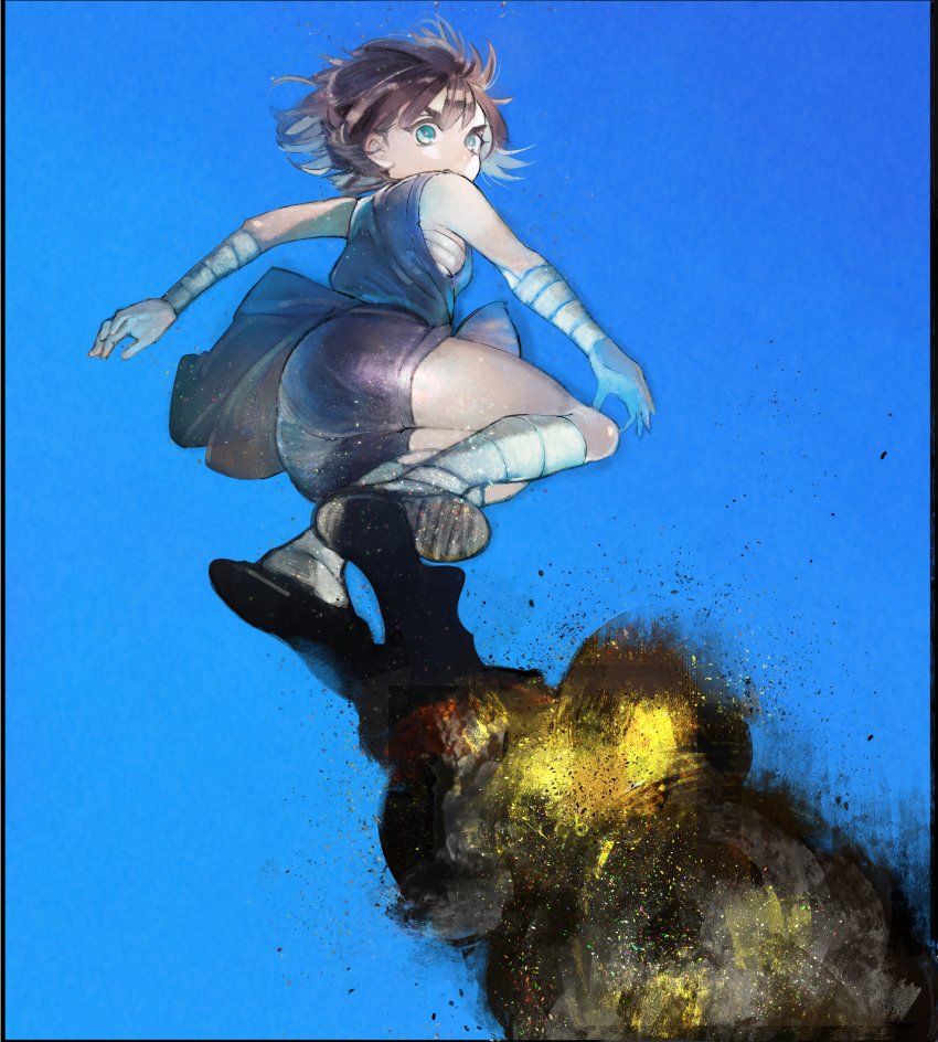 1girl, absurdres, ass, bandaged_arm, bandaged_leg, bandages, black_hair, blue_background, blue_eyes, blue_robe, blue_theme, choujin_x, flying, highres, ishida_sui, looking_at_viewer, looking_back, midair, official_art, otta_ely_(choujin_x), robe, sarashi, short_hair, simple_background, smoke, smoke_choujin, smoke_trail, solo