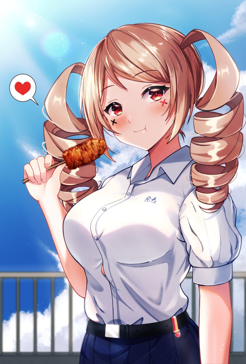 1girl, :t, absurdres, belt, blue_skirt, brown_hair, eating, facial_tattoo