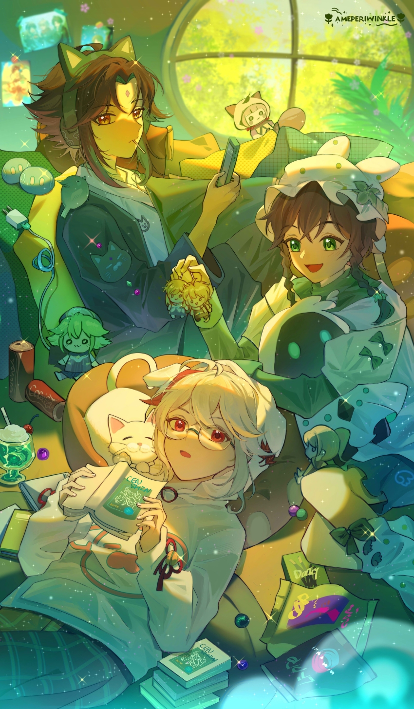 3boys, absurdres, aether_(genshin_impact), amegreen, animal, animal_ears, animal_on_shoulder, bird