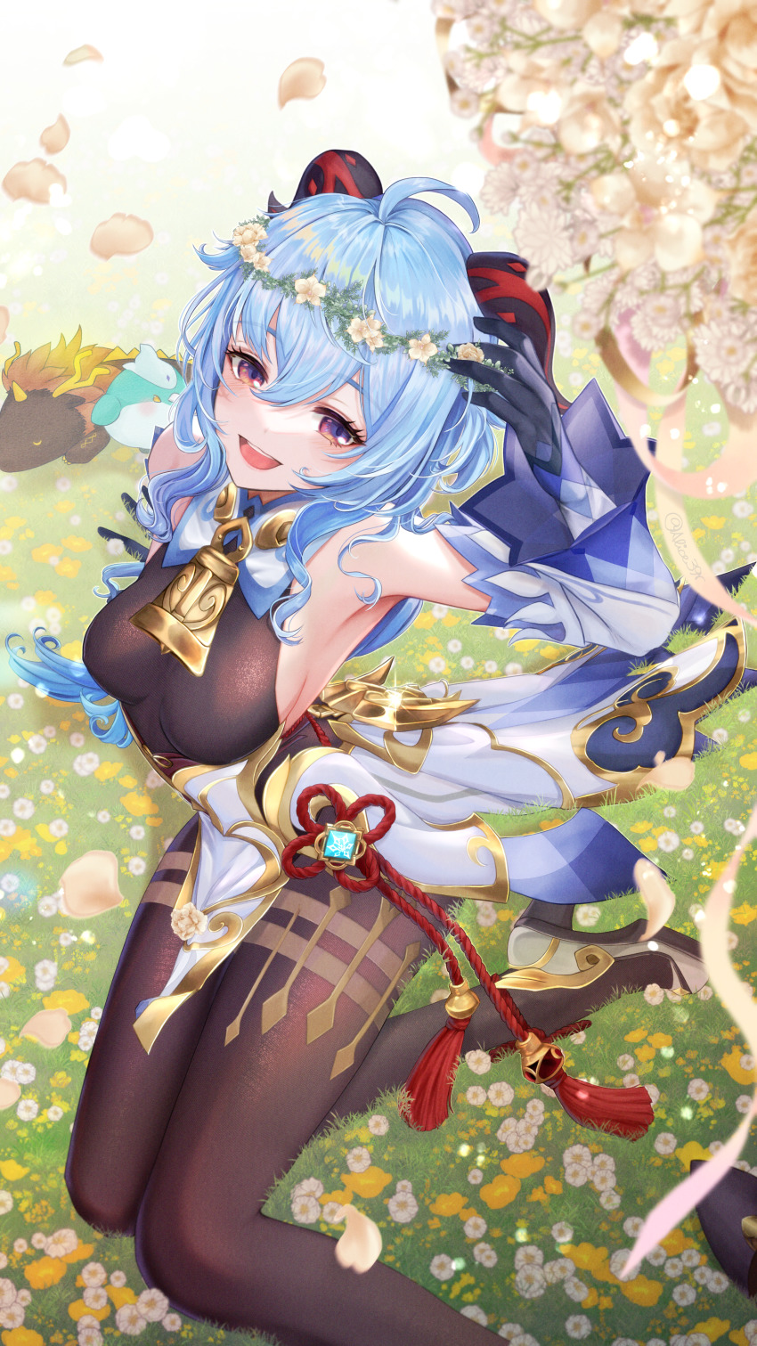 1girl, absurdres, ahoge, alice39r, bare_shoulders, bell, black_pantyhose, blue_hair, blush, breasts, chinese_knot, detached_sleeves, flower, flower_knot, ganyu_(genshin_impact), genshin_impact, gold_trim, hair_flower, hair_ornament, head_wreath, high_heels, highres, horns, jewelry, long_hair, looking_at_viewer, looking_up, medium_breasts, neck_bell, open_mouth, pantyhose, purple_eyes, rex_lapis_(genshin_impact), sidelocks, sitting, smile, solo, tassel, teeth, thighlet, upper_teeth_only, vision_(genshin_impact), waist_cape, white_flower, white_sleeves, yokozuwari