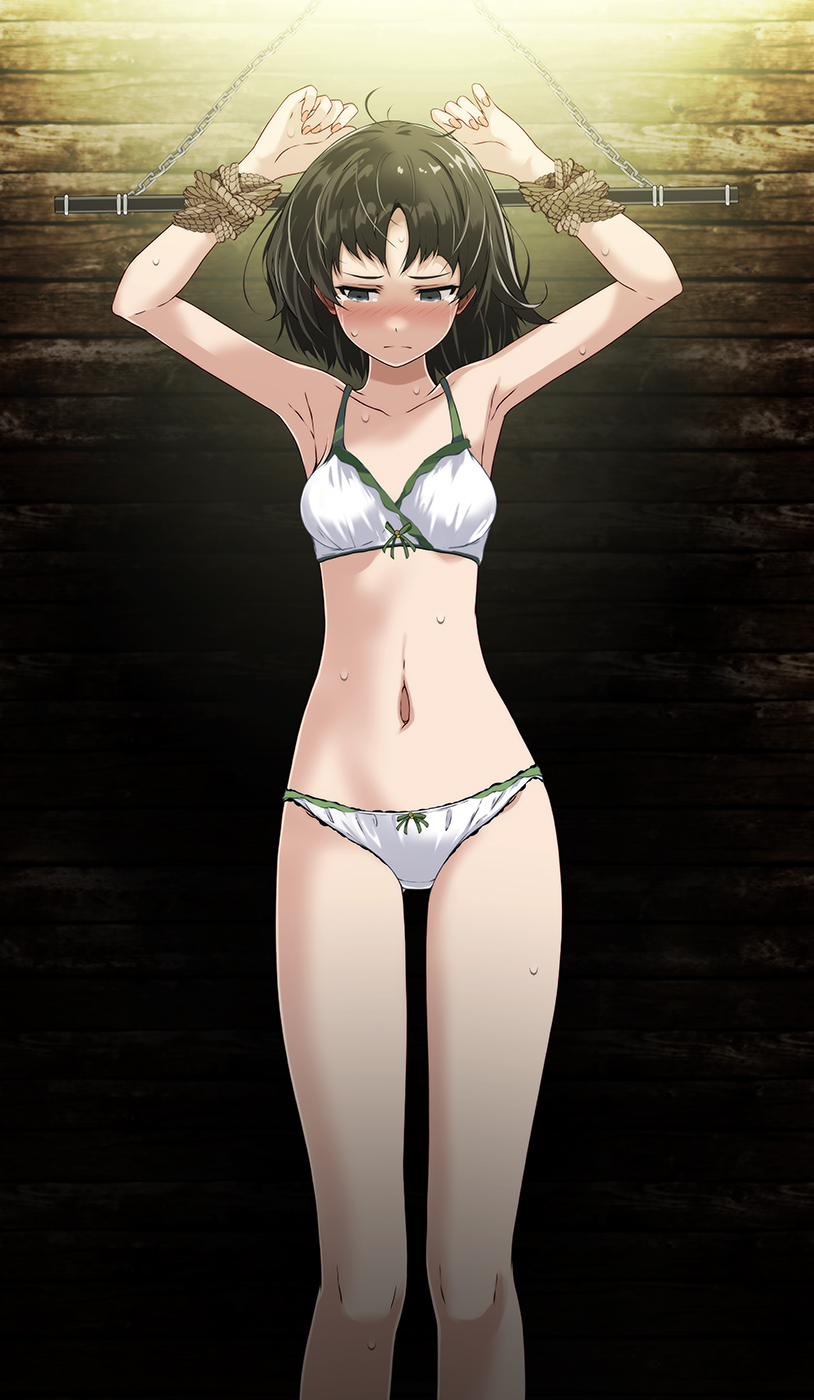 1girl, armpits, averting_eyes, black_hair, bound, bound_arms, bow, bow_bra, bow_panties, bra, breasts, closed_mouth, erika_(pokemon), erika_(sygna_suit)_(pokemon), frown, green_eyes, highres, looking_down, medium_breasts, medium_hair, midriff, navel, nintendo, official_alternate_costume, panties, pokemon, pokemon_masters_ex, restrained, solo, standing, stomach, sweatdrop, tsukishiro_saika, underwear, underwear_only, white_bra, white_panties