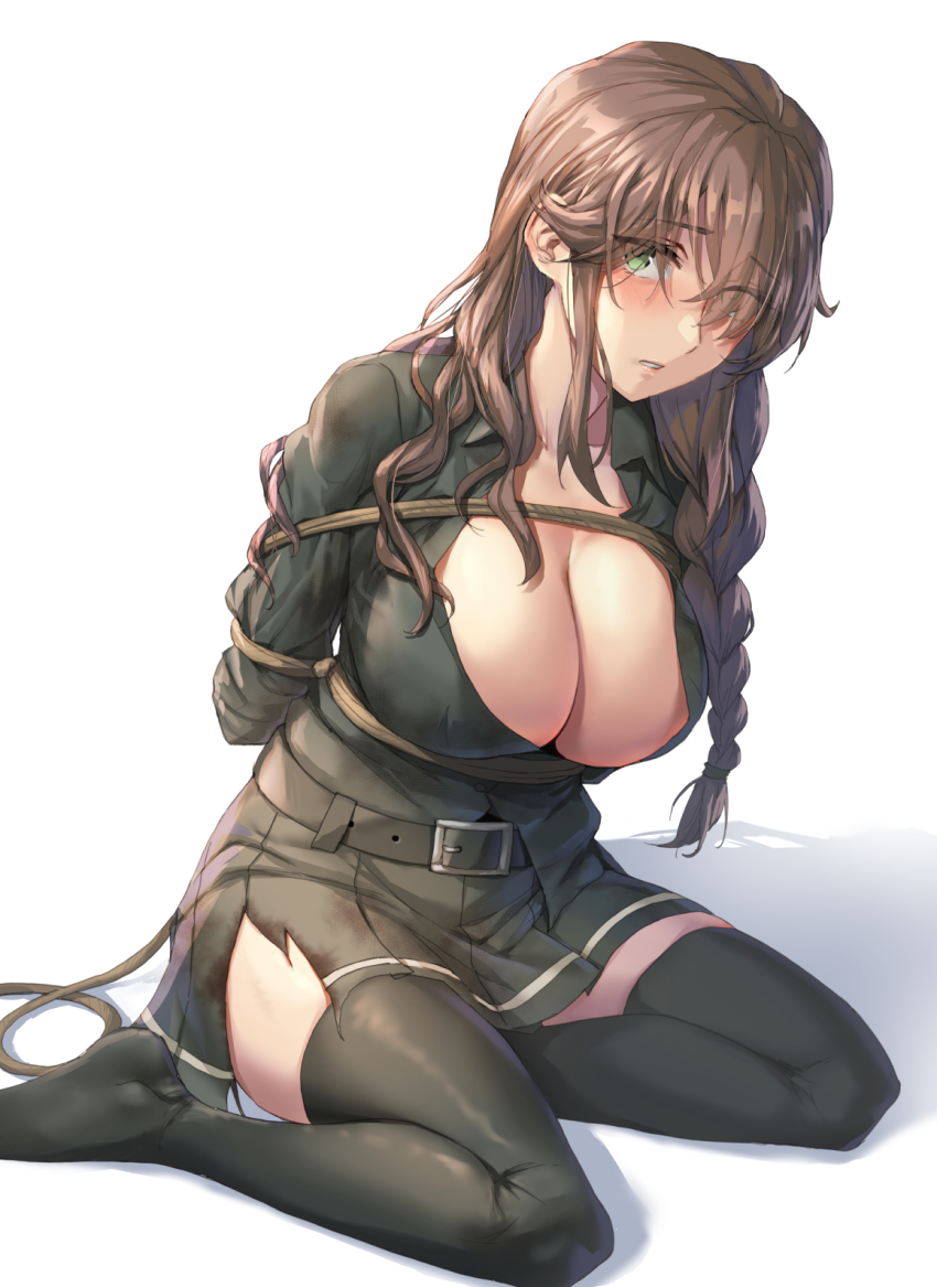 1girl, belt, black_belt, black_thighhighs, blush, braid, breasts, brown_hair, cleavage, collarbone, collared_shirt, green_eyes, grey_shirt, grey_skirt, highres, kantai_collection, kokuzou, large_breasts, long_hair, long_sleeves, noshiro_(kancolle), noshiro_kai_ni_(kancolle), one_eye_closed, open_mouth, pleated_skirt, restrained, rope, shirt, simple_background, single_braid, skirt, solo, thighhighs, white_background