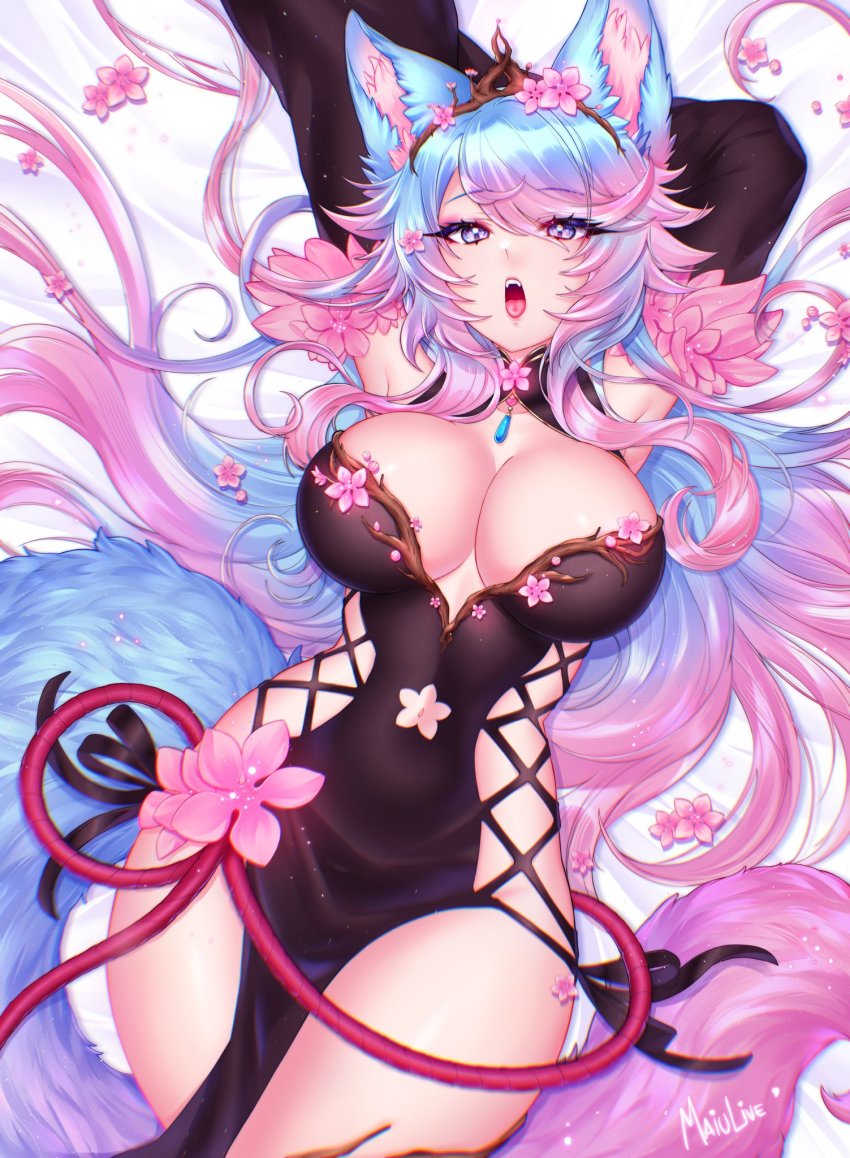 1girl, animal_ear_fluff, animal_ears, artist_name, black_kimono, black_sleeves, blue_eyes, blue_hair, breasts, cleavage, cleavage_cutout, clothing_cutout, commentary, covered_navel, detached_sleeves, english_commentary, fangs, flower, hair_flower, hair_ornament, highres, hip_vent, japanese_clothes, kimono, large_breasts, long_hair, looking_at_viewer, maiulive, multicolored_hair, multicolored_tail, open_mouth, pink_hair, pink_tail, silvervale, silvervale_(sakura_goddess), streaked_hair, swept_bangs, tail, virtual_youtuber, vshojo, wolf_ears, wolf_girl, wolf_tail