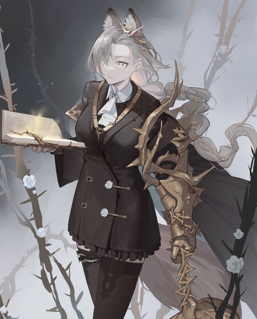 1girl, absurdres, animal_ears, arknights, ascot, black_coat, black_nails, black_skirt