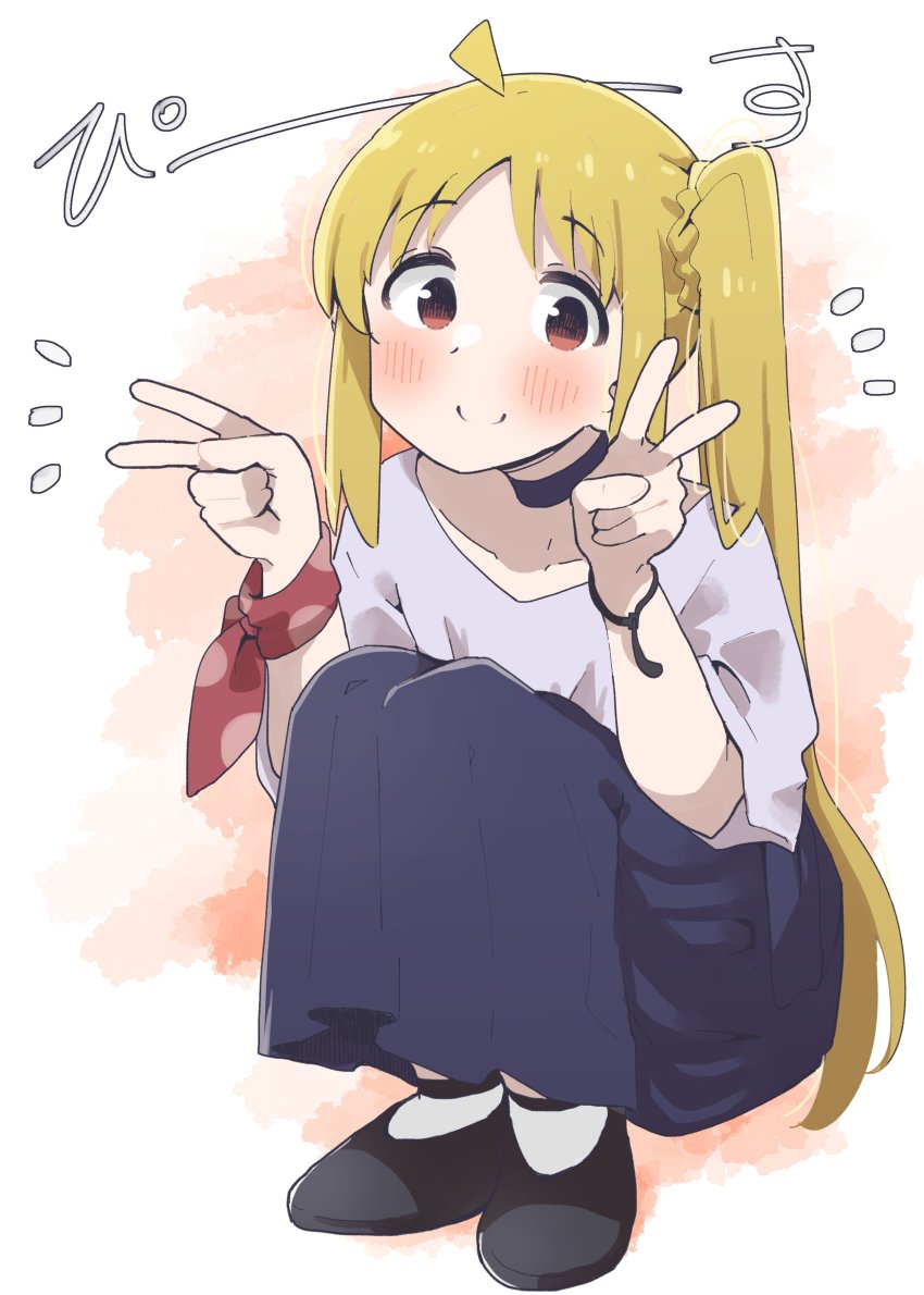 1girl, absurdres, ahoge, black_footwear, blonde_hair, blue_skirt, blush, bocchi_the_rock!
