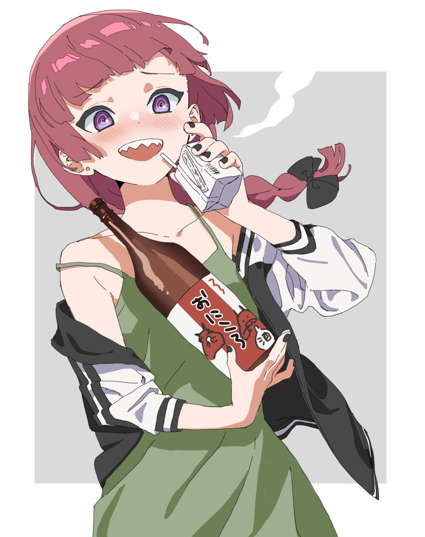 1girl, :d, @_@, alcohol, alcohol_carton, armpit_crease, bare_shoulders, black_bow, black_nails, blunt_bangs, blush, bocchi_the_rock!, border, bottle, bow, braid, collarbone, cowboy_shot, dot_nose, dress, drink, drink_carton, drinking, drinking_straw, earrings, floating_hair, furrowed_brow, green_dress, grey_background, hair_bow, hand_up, highres, hiroi_kikuri, holding, holding_bottle, holding_drink, holding_drink_carton, jacket, jewelry, juice_box, long_hair, long_sleeves, looking_at_viewer, looking_down, nail_polish, oda_ya_ka, off_shoulder, open_clothes, open_jacket, open_mouth, outside_border, puffy_long_sleeves, puffy_sleeves, purple_eyes, red_eyes, sake, sharp_teeth, side_braid, simple_background, single_braid, sleeveless, sleeveless_dress, smile, solo, spaghetti_strap, standing, strap_slip, stud_earrings, teeth, upper_teeth_only, white_border