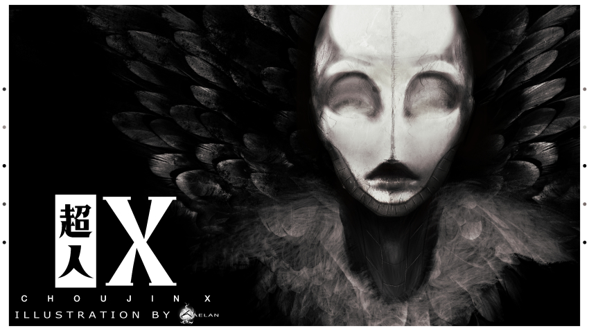 1boy, absurdres, bestial_choujin, black_background, border, choujin_x, copyright_name, dark