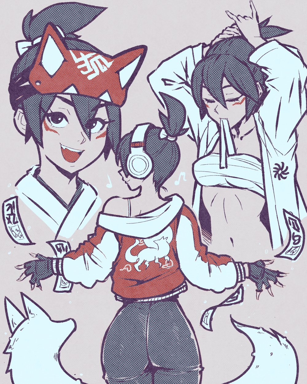 1girl, adjusting_hair, akairiot, animification, ass, black_gloves, black_pants, bra_strap, breasts, chest_sarashi, collage, commentary, cowboy_shot, english_commentary, facial_mark, fang, fingerless_gloves, fox, fox_mask, from_behind, gloves, hair_tie_in_mouth, half_mask, headphones, highres, jacket, japanese_clothes, kimono, kiriko_(overwatch), limited_palette, mask, mouth_hold, narrow_waist, navel, off_shoulder, official_alternate_costume, ofuda, open_clothes, open_kimono, overwatch, overwatch_2, pants, sarashi, small_breasts, smile, solo_focus, sukajan, sukajan_kiriko, teeth, topknot, upper_body, upper_teeth_only, wireless