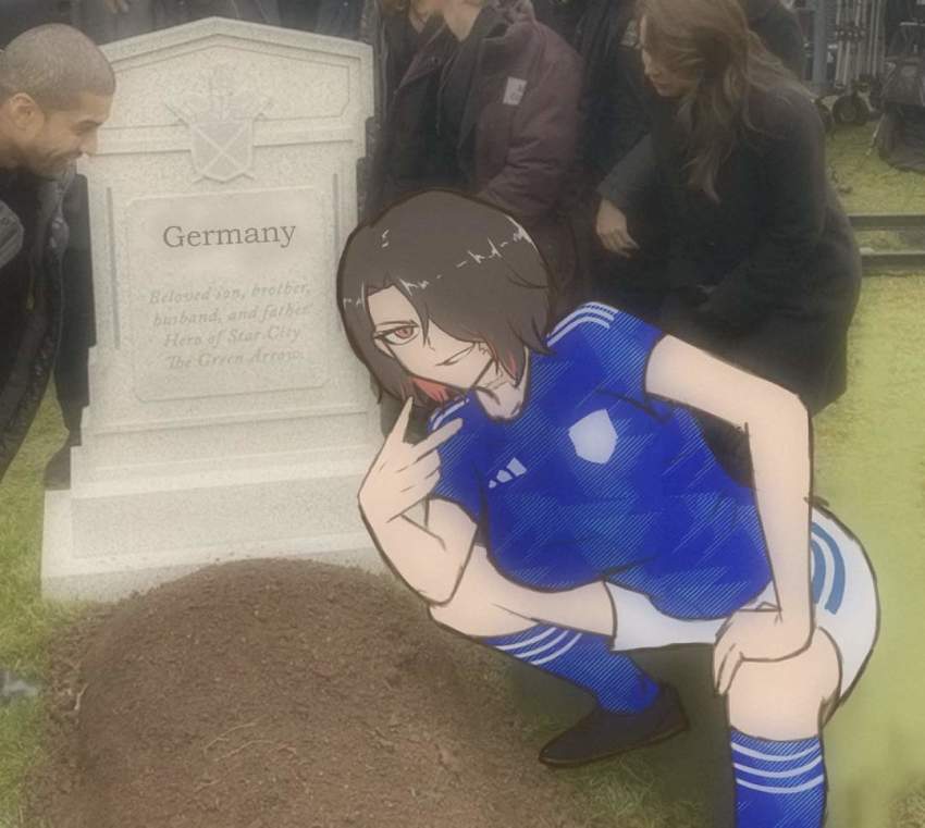 andira_minatozaki_(khanncha_), asymmetrical_hair, brown_hair, football_uniform, grant_gustin_next_to_oliver_queen's_grave_(meme), khanncha_, meme, multicolored_hair, original, red_eyes, red_hair, sandp1e, smile, smirk, sportsball, sportswear, two-tone_hair, v, zionism