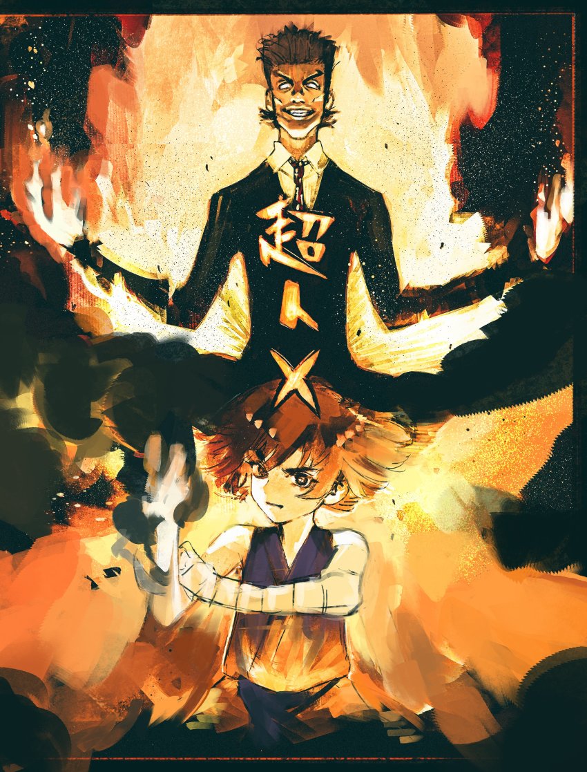 1boy, 1girl, absurdres, bandaged_arm, bandages, black_hair, black_jacket, black_necktie