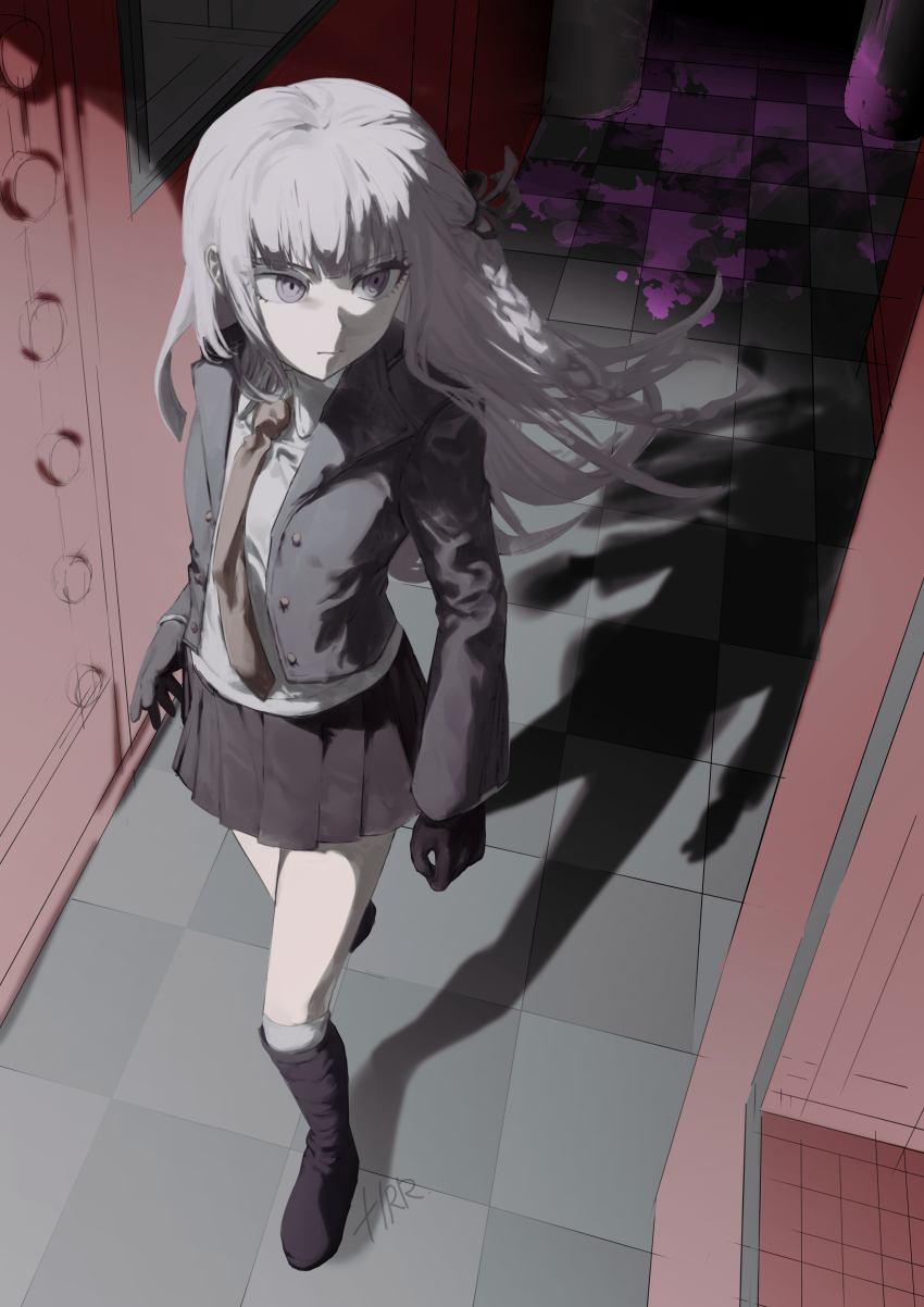 1girl, absurdres, black_boots, black_gloves, black_jacket, black_ribbon, black_skirt, blood