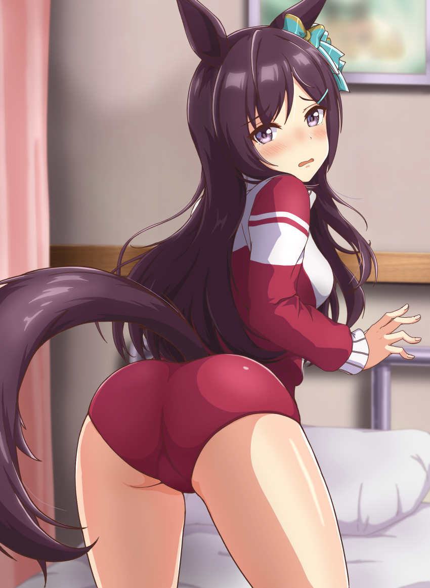 1girl, animal_ears, ass, bed, black_hair, blush, breasts, buruma