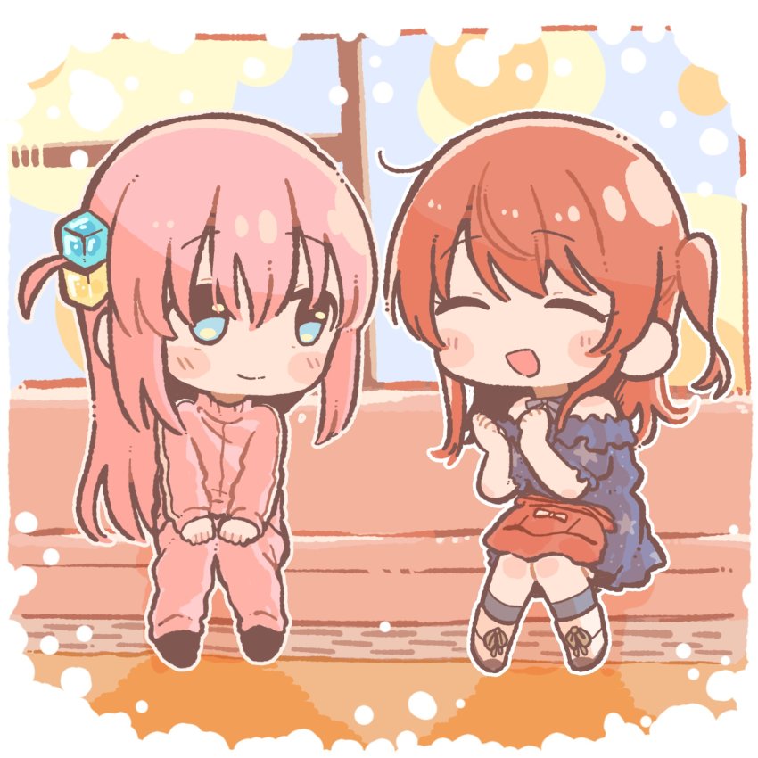 2girls, bag, blue_eyes, blue_shirt, blush, bocchi_the_rock!, brown_footwear, chibi