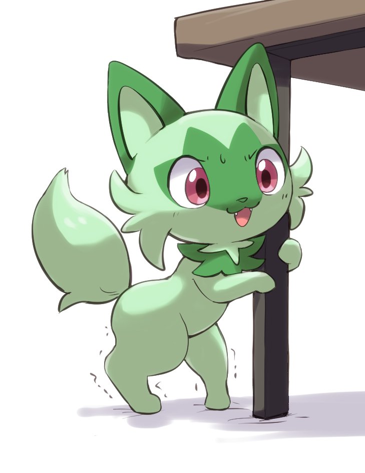 :3, animal_focus, cat, fangs, green_fur, leaning_on_table, meme, miluke, nintendo, no_humans, nyaoha_tatsu_na_(meme), open_mouth, pink_eyes, pokemon, pokemon_(creature), shadow, simple_background, sprigatito, standing, table, tail, trembling, white_background