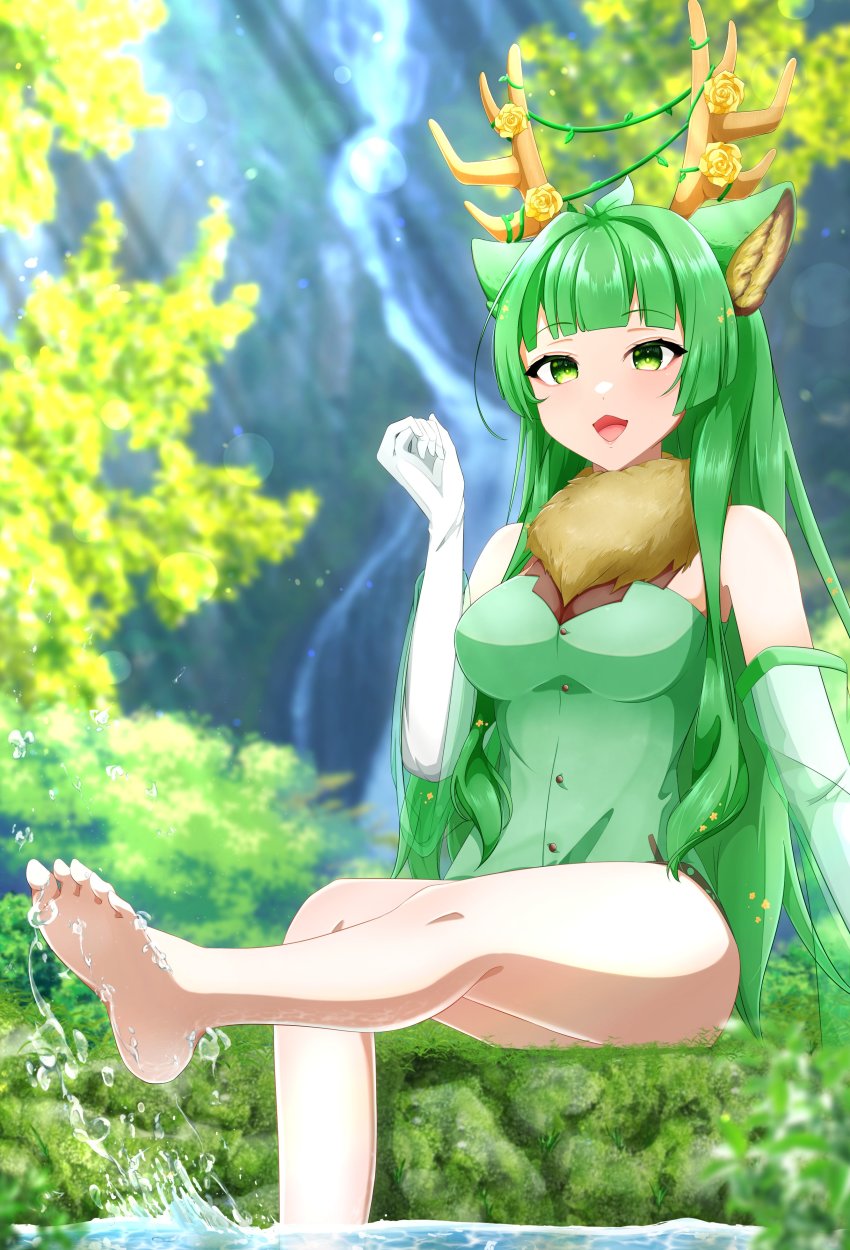 1girl, :d, absurdres, animal_ear_fluff, animal_ears, antler_ornament, antlers, barefoot