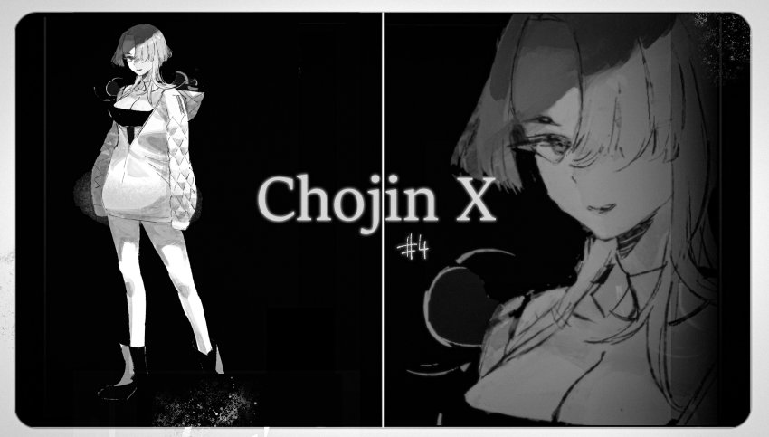 1girl, absurdres, argyle_clothes, argyle_jacket, black_background, black_footwear, border, breasts