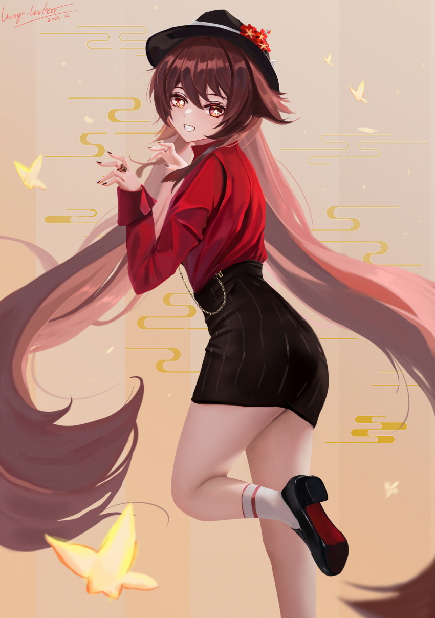 1girl, alternate_costume, ass, black_footwear, black_hat, black_skirt, brown_hair, floating_hair