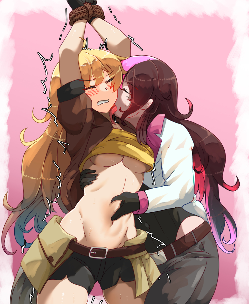 2girls, bakasp-lilzy, belt, black_gloves, black_pants, blush, border, breasts, brown_belt, brown_hair, brown_jacket, closed_eyes, commentary, duplicate, english_commentary, gloves, groin, highres, jacket, licking, licking_another's_neck, long_hair, long_tongue, medium_breasts, multicolored_hair, multiple_girls, navel, navel_fingering, neopolitan_(rwby), outside_border, pants, pink_background, pink_hair, purple_hair, red_hair, redrawn, restrained, rope, rwby, shirt, short_shorts, shorts, skindentation, thighs, tongue, underboob, white_border, yang_xiao_long, yellow_shirt, yuri