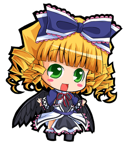 1girl, :d, black_wings, blonde_hair, blush_stickers, bow, camyu, camyu_(cosplay), chibi, cosplay, drill_hair, female_focus, green_eyes, hinaichigo, lowres, moaibu0, open_mouth, rozen_maiden, smile, solo, suntail, utawarerumono, wings