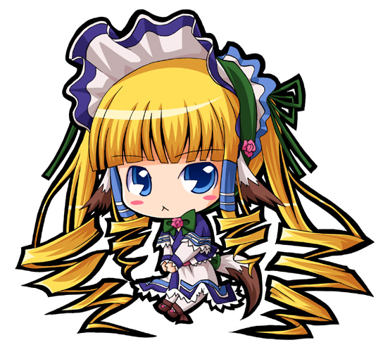 :<, animal_ears, aruruu, aruruw_(cosplay), blonde_hair, blue_eyes, blush_stickers, bonnet, bow, bowtie, chibi, cosplay, dog_ears, drill_hair, flower, japanese_clothes, long_hair, moaibu0, rose, rozen_maiden, sawashiro_miyuki, shinku, solo, suntail, tail, twintails, utawarerumono, voice_actor_connection