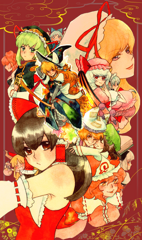 6+girls, :p, bad_id, bad_pixiv_id, bare_shoulders, blonde_hair, blue_hair, blush