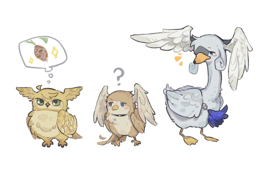 1boy, 2girls, ?, animalization, bird, blue_eyes, eunie_(xenoblade), green_eyes