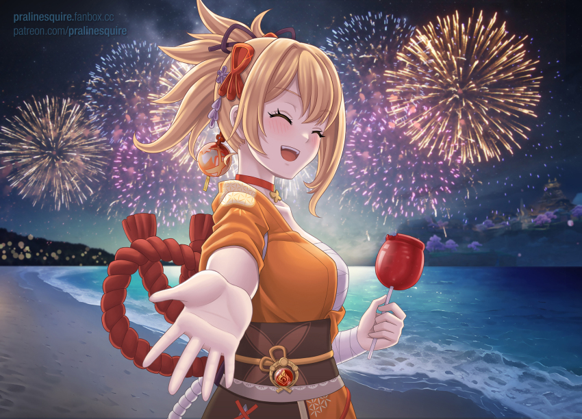 beach, blonde_hair, candy_apple, fireworks, food, genshin_impact, high_ponytail, highres